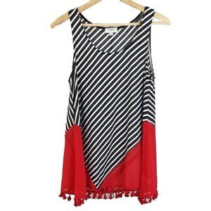 Umgee Womens Striped Tank Top Black & White Small Red Sheer Hem Tassels Scoop